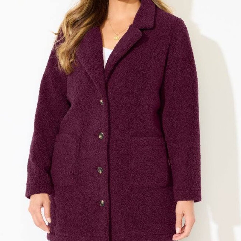 Catherine's Wine Color Teddy Bear Sherpa Button-up Coat-Lined 5X-NWT